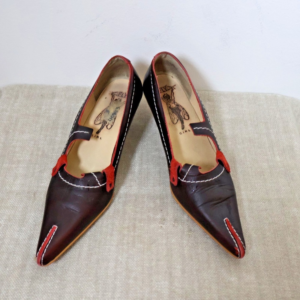 Fly Girl Shoes Size 41 US 10  Brown Red Leather Suede Pointy Toes Kitten Heels